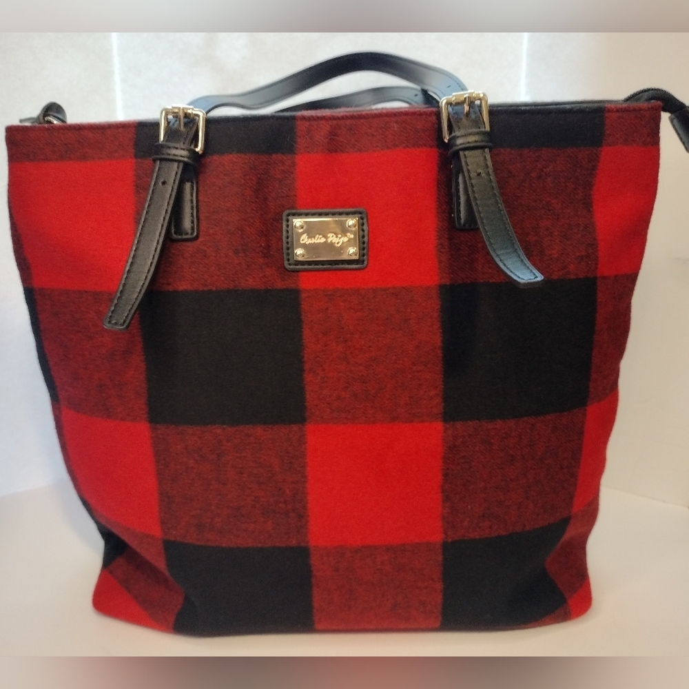 Charlie Paige Red and Black Buffalo Plaid Tote